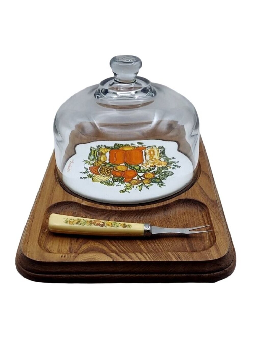 Vintage 1970s Goodwood Spice Of Life Cheese Board Set W/ Glass Dome Lid & Fork - Picture 2 of 15